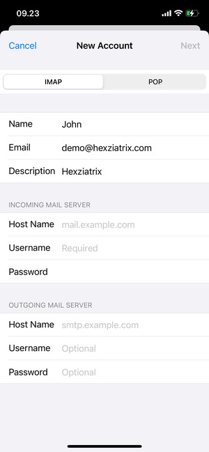 Select IMAP or POP and enter email information for INCOMING MAIL SERVER