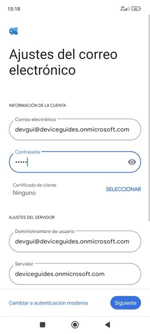 Introduzca Correo electrónico y la dirección de servidor Exchange. Seleccione Siguiente