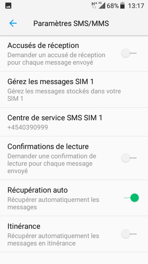 Sélectionnez Centre de service SMS SIM
