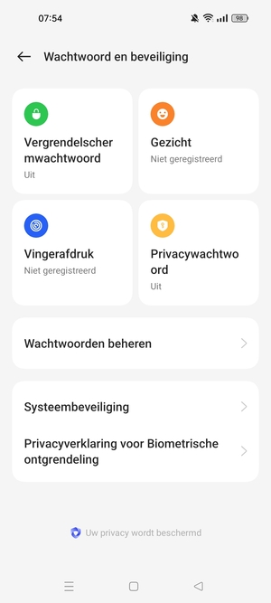 Om uw schermvergrendeling te activeren, ga naar het Wachtwoord en beveiliging-menu en selecteer Vergrendelscherm wachtwoord