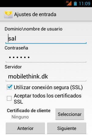 Introduzca Nombre de usuario y la dirección de servidor Exchange. Seleccione Siguiente