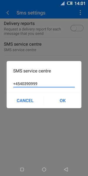 Enter SMS service centre number and select OK