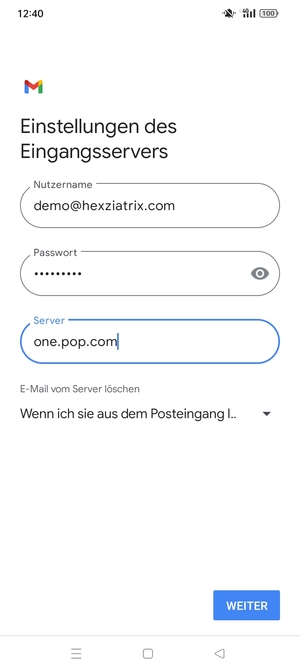 Geben Sie Benutzername und die Server-Adresse für eingehende Post ein. Wählen Sie WEITER