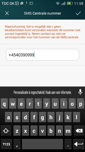 Voer het SMS Centrale nummer in en selecteer OK