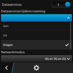 Selecteer Dataservices tijdens roaming en selecter Aan of Uit