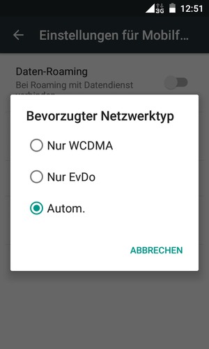 Wählen Sie Nur EvDo, um 2G zu aktivieren und Autom., um 3G zu aktivieren