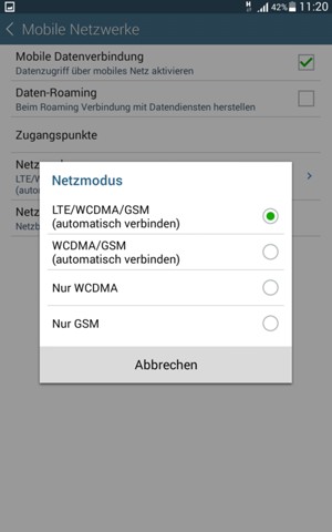 Wählen Sie WCDMA/GSM (automatisch verbinden), um 3G zu aktivieren und LTE/WCDMA/GSM (automatisch verbinden), um 4G zu aktivieren