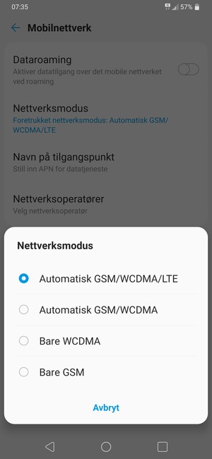 Velg Bare GSM for å aktivere 2G