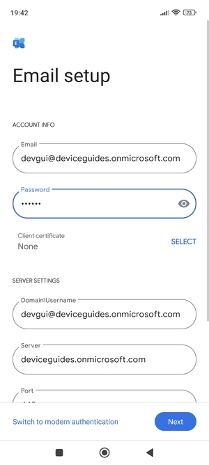 Enter Username and Exchange server address. Select Next