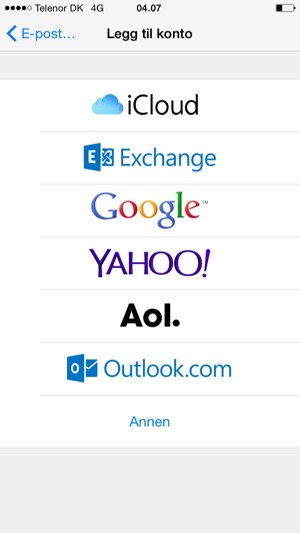 Velg Google for Gmail eller Outlook.com for Hotmail