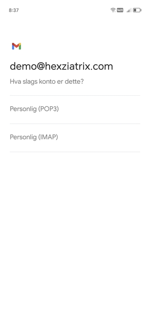 Velg Personlig (POP3) eller Personlig (IMAP)