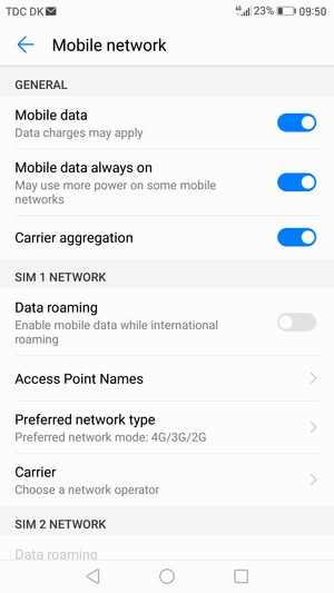 Scroll to SIM 1 network or SIM 2 network and select Access Point Names