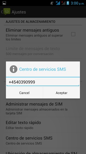 Introduzca el número de Centro de servicios SMS y seleccione Aceptar
