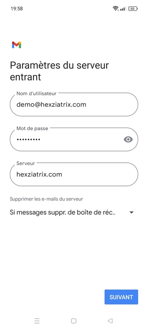 Saisissez votre Nom d'utilisateur et l'adresse du serveur entrant. Sélectionnez SUIVANT