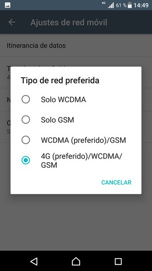 Seleccione WCDMA (preferido)/GSM para habilitar 3G y 4G (preferido)/WCDMA/GSM para habilitar 4G