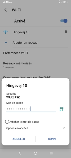 Saisissez le mot de passe du Wi-Fi et sélectionnez CONN.