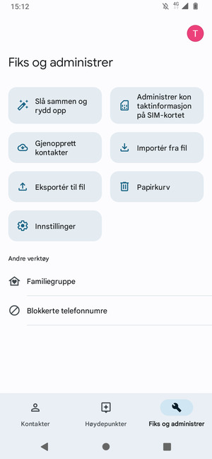 Velg Administrer kontaktinformasjon på SIM-kortet