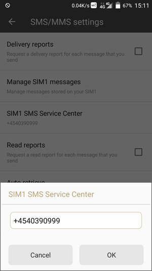 Enter the SIM SMS Service Center number and select OK