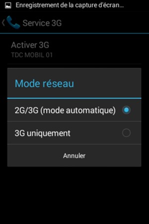 Sélectionnez 3G uniquement pour activer la 3G et 2G/3G (mode automatique) pour activer la 2G/3G