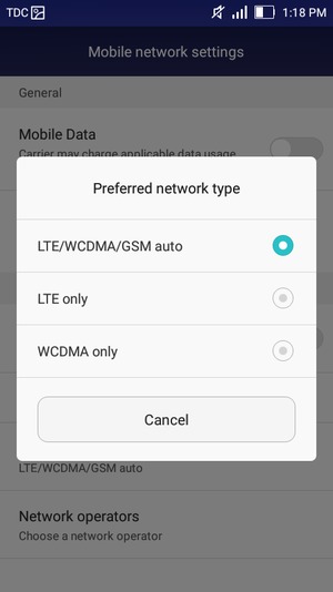 Select WCDMA only to enable 3G and LTE/WCDMA/GSM auto to enable 4G