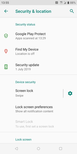 To activate your screen lock, return to the Security & location menu and select Screen lock
