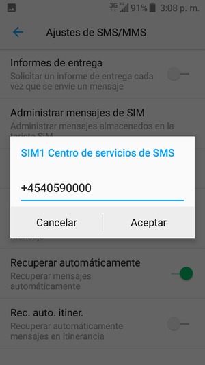 Introduzca el número de SIM Centro de servicios de SMS y seleccione Aceptar