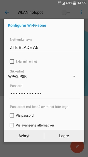 Skriv inn et Wi-Fi hotspot-passord på minst 8 tegn og velg Lagre