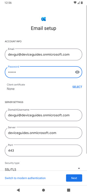 Enter Username and Exchange server address. Select Next