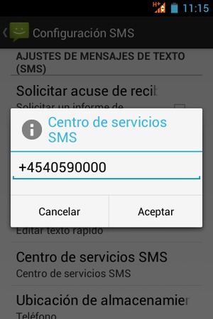 Introduzca el número de Centro de servicios SMS y seleccione Aceptar