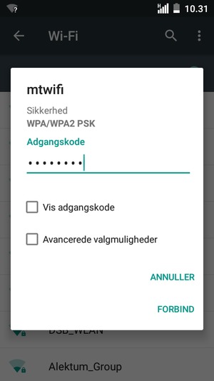 Indtast Wi-Fi adgangskoden og vælg FORBIND