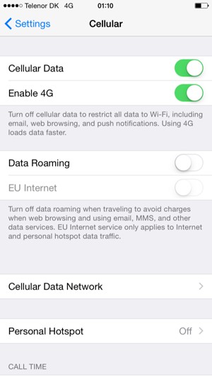 Set Data Roaming to ON or OFF