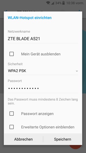 Geben Sie eine WLAN-Hotspot-Passwort mit mindestens 8 Zeichen ein und wählen Sie Speichern