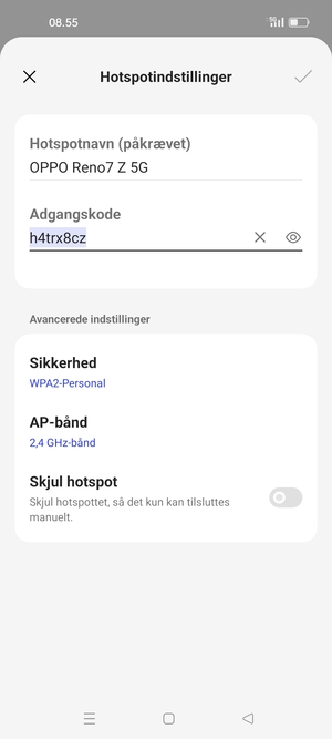 Indtast en Wi-Fi-hotspot adgangskode på minimum 8 tegn og vælg OK