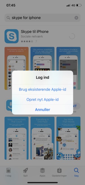 Vælg Brug eksisterende Apple-id