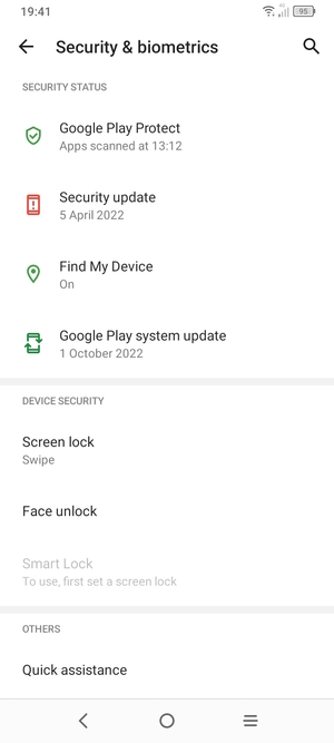 To activate your screen lock, return to the Security & biometrics  menu and select Screen lock