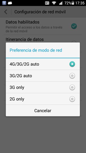 Seleccione 2G only para habilitar 2G y seleccione 3G/2G auto para habilitar 3G