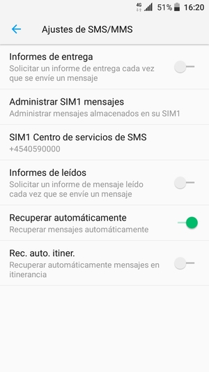 Seleccione Centro de servicios / SIM Centro de servicios de SMS