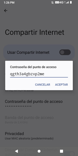 Introduzca una contraseña de punto de acceso Wi-Fi de al menos 8 caracteres y seleccione ACEPTAR