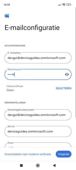 Voer Gebruikersnaam en Exchange serveradres in. Selecteer Volgende