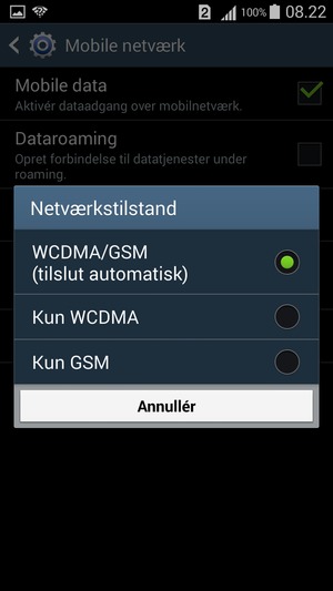 Vælg Kun GSM for at aktivere 2G og WCDMA/GSM (tilslut automatisk) for at aktivere 3G