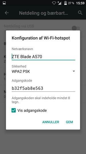 Indtast en Wi-Fi-hotspot adgangskode på minimum 8 tegn og vælg GEM