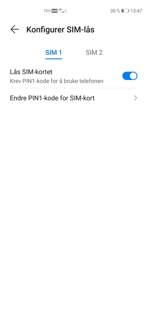 Velg SIM 1 eller SIM 2 og velg Endre PIN-kode for SIM-kort