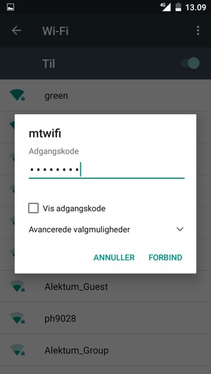 Indtast Wi-Fi adgangskoden og vælg FORBIND