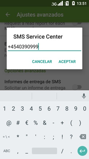 Introduzca el número de SMS Service Center y seleccione ACEPTAR