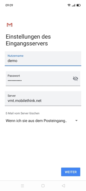 Geben Sie Benutzername und die Server-Adresse für eingehende Post ein. Wählen Sie WEITER