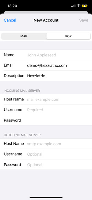 Select POP or IMAP and enter email information for INCOMING MAIL SERVER