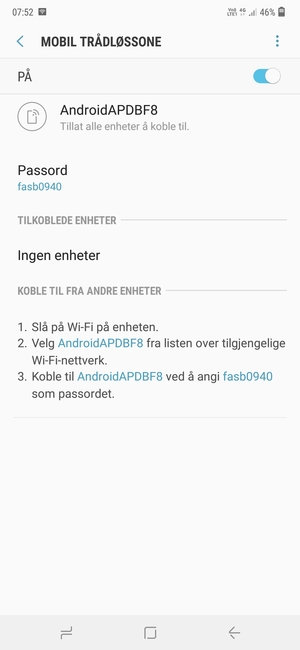 Telefonen din er konfigurert for bruk som et modem