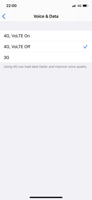 To disable VoLTE calls, select 4G, VoLTE Off