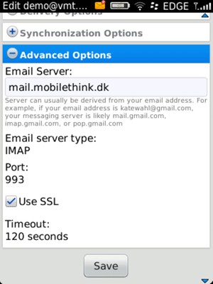 Select Advanced Options and enter Email Server