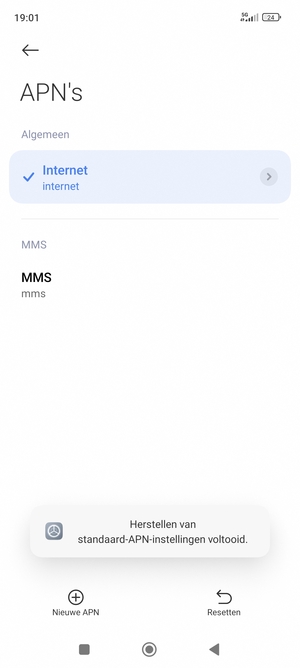 Uw telefoon wordt teruggezet naar standaard internet- en mms-instellingen